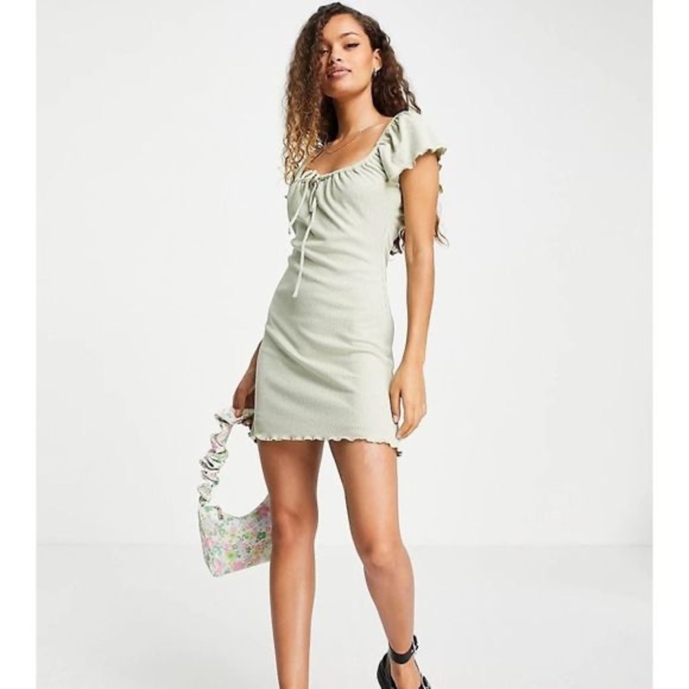 Topshop green ribbed ruffle detail dress